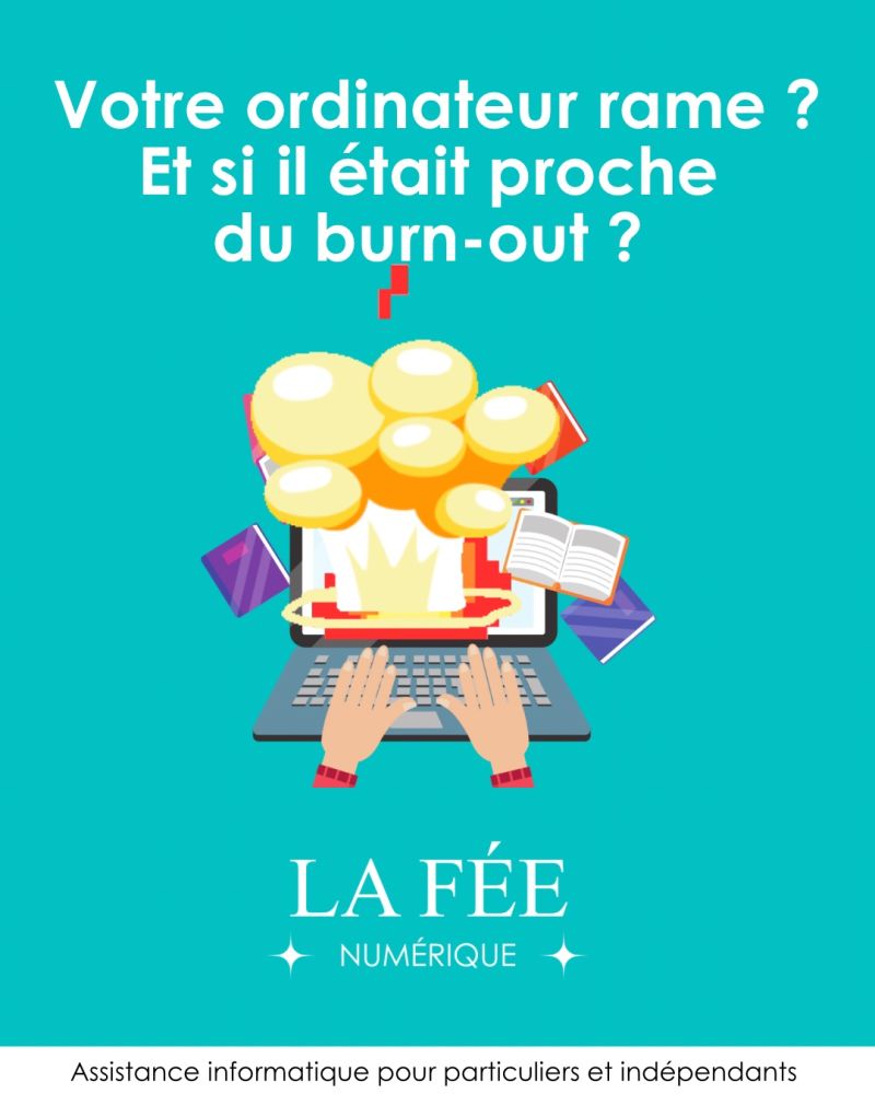 Illustration représentant un ordinateur portable en surchauffe pour illustrer cet article sur ce que l'on peut faire et ce que peut faire La Fée Numérique quand un ordinateur rame